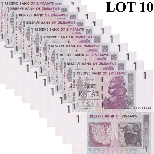 Zimbabwe 1 Dollar 2007 P 65 UNC 1/10 Bundle Lot 10 pcs