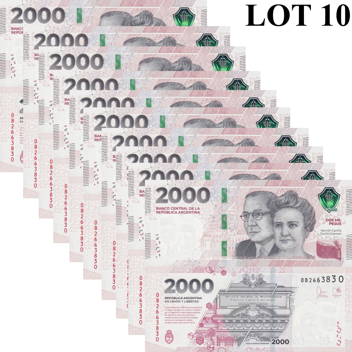 Argentina 2000 Pesos ND 2023 P 368(2) UNC Number at upper left on fron Lot 10 p