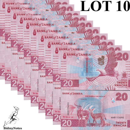 Zambia 20 Kwacha 2024 2025 P New Issue UNC LOT 10 pcs