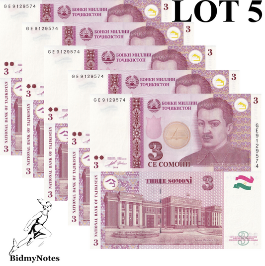 Tajikistan 3 Somoni 2010 P 20 UNC 1/20 Bundle LOT 5 pcs