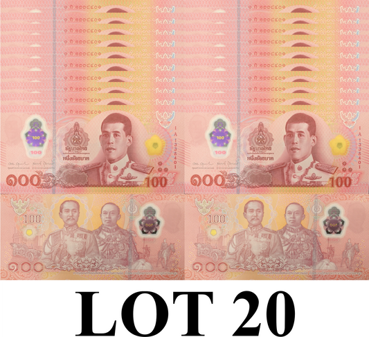 Thailand 100 Baht ND 2025 P 147 NEW Polymer UNC LOT 20 pcs 1/5 Bundle