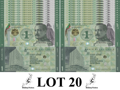 Guatemala 1 Quetzal 2023 2024 P 129 New Design UNC COMM. 1/5 Bundle LOT 20 pcs
