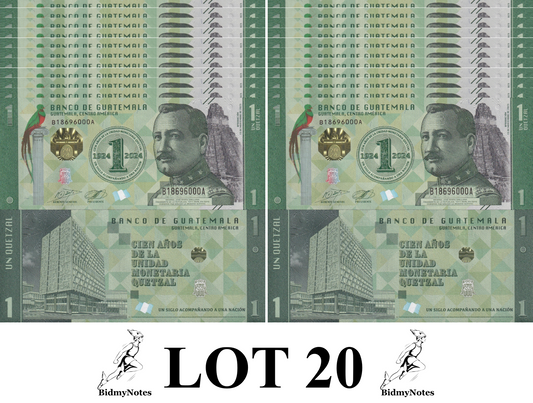 Guatemala 1 Quetzal 2023 2024 P 129 New Design UNC COMM. 1/5 Bundle LOT 20 pcs