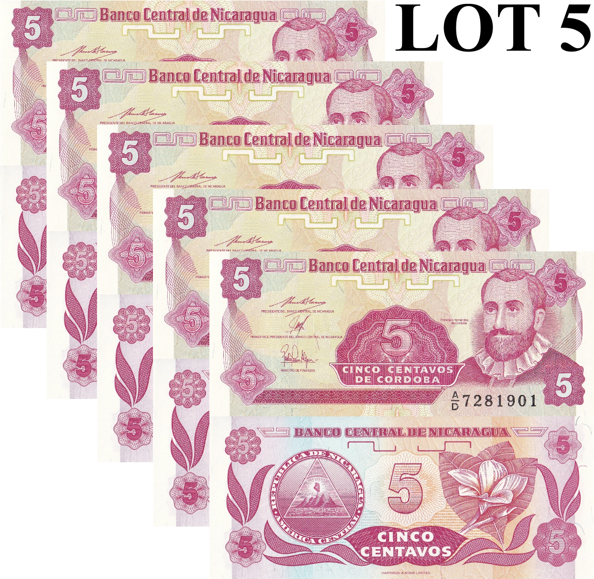 Nicaragua 5 Centavos ND 1991 P 168 UNC 1/20 Bundle Lot 5 pcs