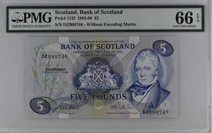 Scotland Bank of Scotland 5 Pounds 1983-88 P 112f UNC PMG 66 EPQ 2nd TOP POP