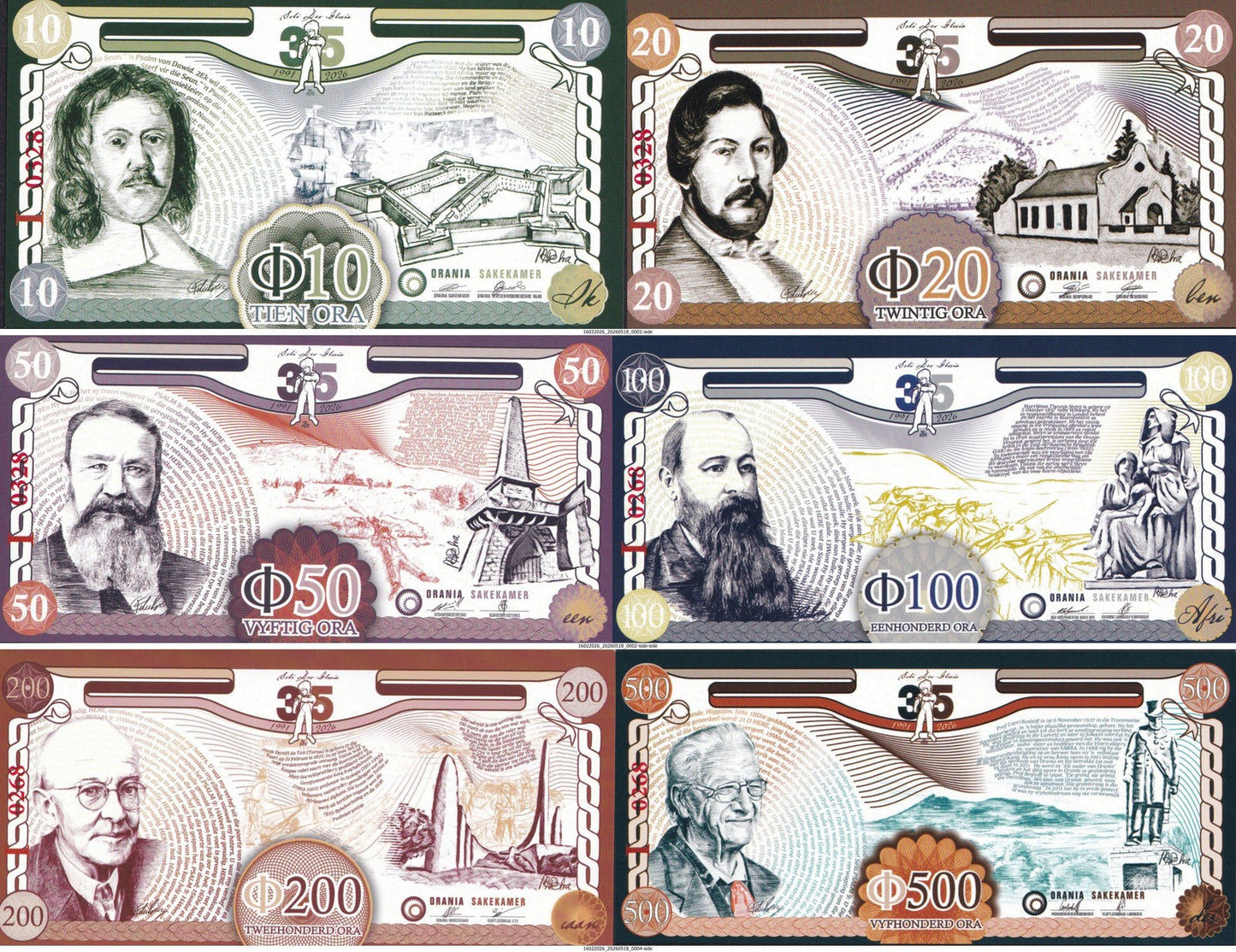 South African Orania 10 20 50 100 Ora 1991-26 UNC COMM Test Note W/Folder Set 6
