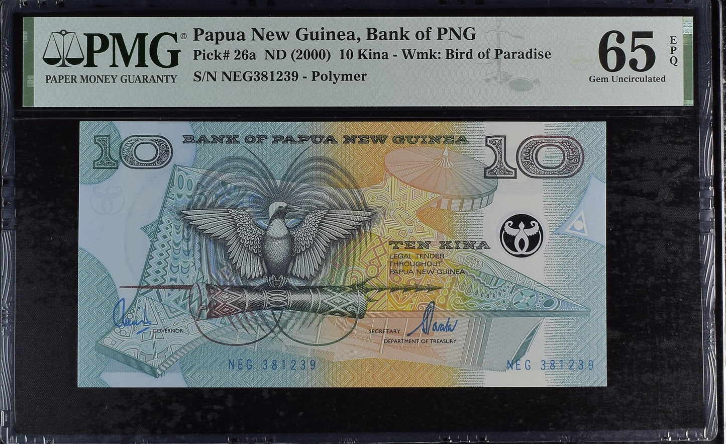 Papua New Guinea 10 Kina ND (2000) P 26a Polymer UNC PMG 65 EPQ 2nd TOP POP