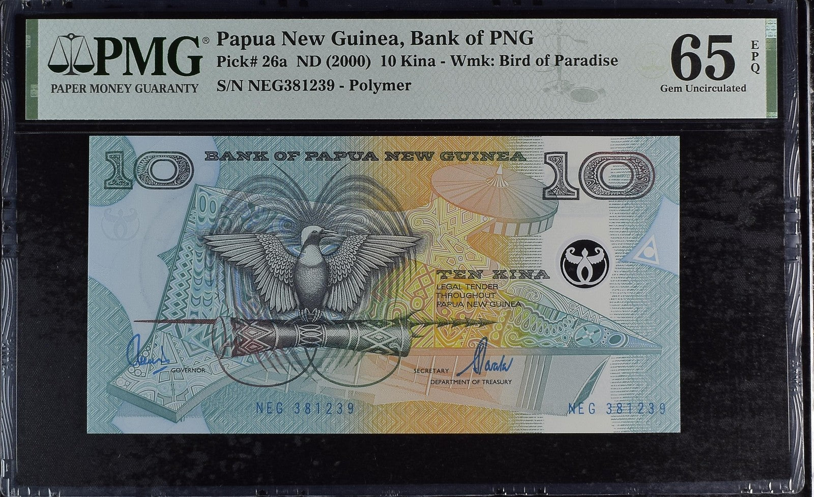 Papua New Guinea 10 Kina ND (2000) P 26a Polymer UNC PMG 65 EPQ 2nd TOP POP