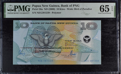 Papua New Guinea 10 Kina ND (2000) P 26a Polymer UNC PMG 65 EPQ 2nd TOP POP