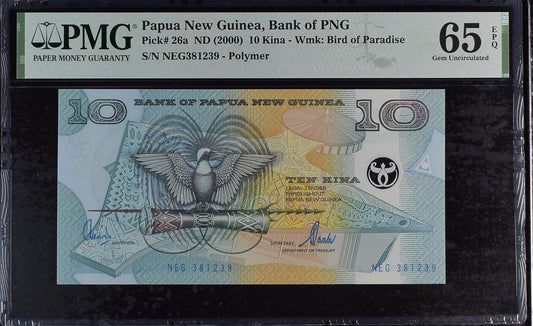 Papua New Guinea 10 Kina ND (2000) P 26a Polymer UNC PMG 65 EPQ 2nd TOP POP