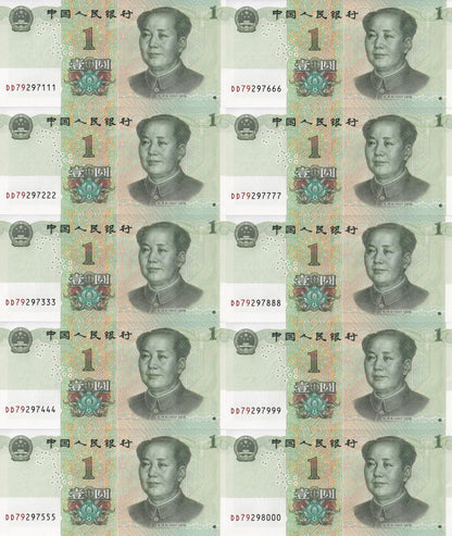 China 1 Yuan 2019 P 912 UNC Set 10 pcs. Same Prefix Same Last 3 Digit