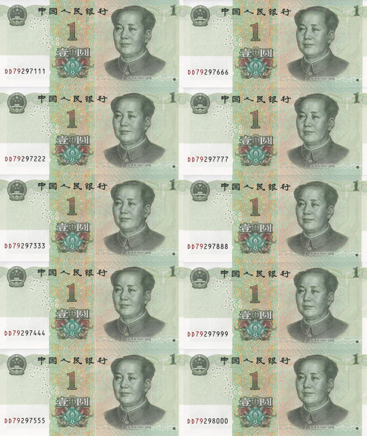 China 1 Yuan 2019 P 912 UNC Set 10 pcs. Same Prefix Same Last 3 Digit