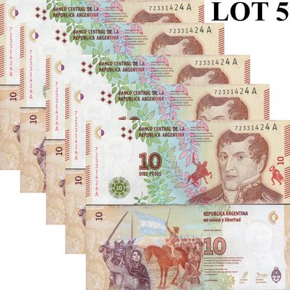 Argentina 10 Pesos ND 2016 P 360 UNC 1/20 Bundle Lot 5 pcs