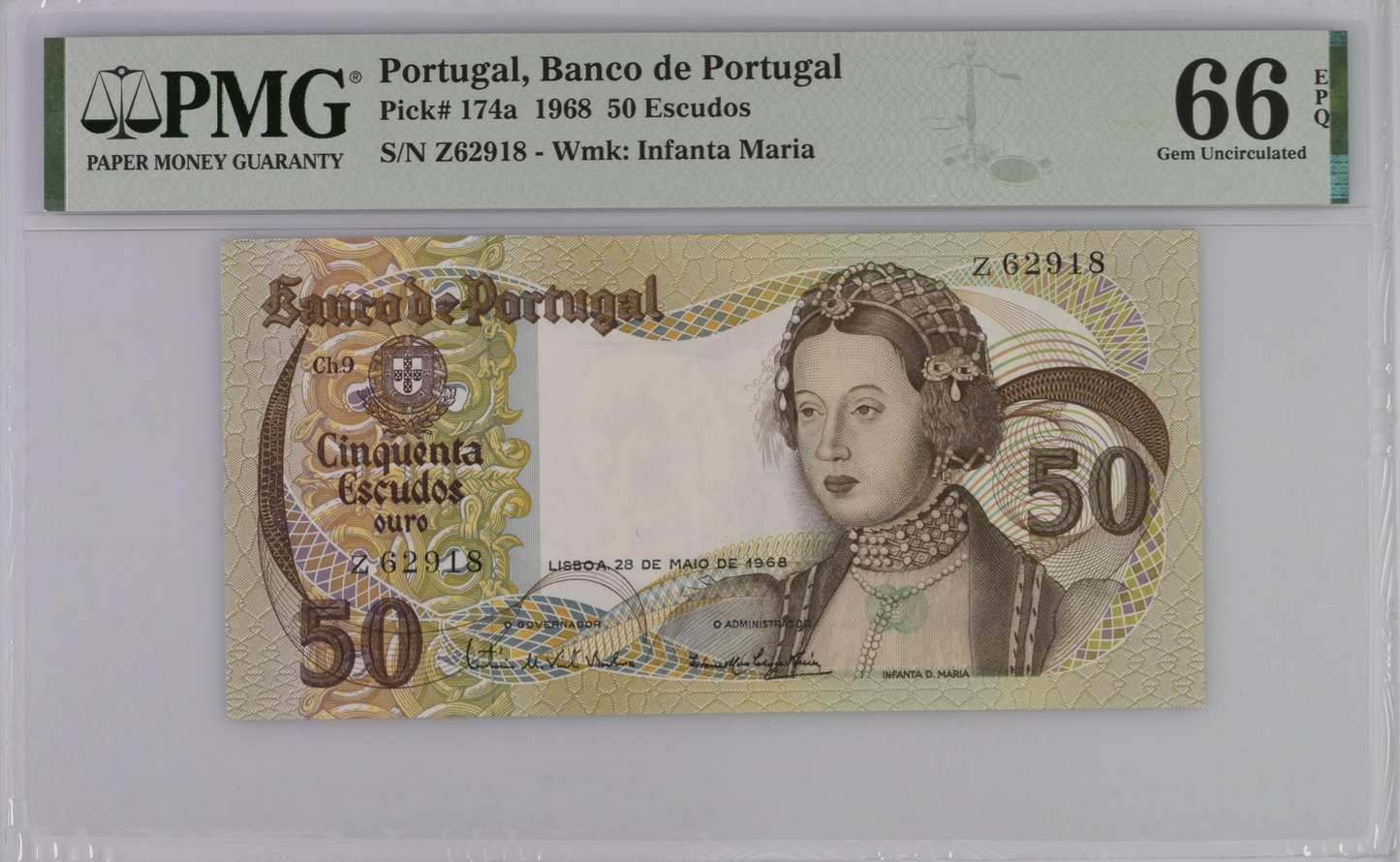 Portugal Banco de Portugal 50 Escudos 1968 P 174a UNC PMG 66 EPQ 3rd TOP POP