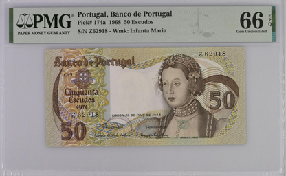 Portugal Banco de Portugal 50 Escudos 1968 P 174a UNC PMG 66 EPQ 3rd TOP POP