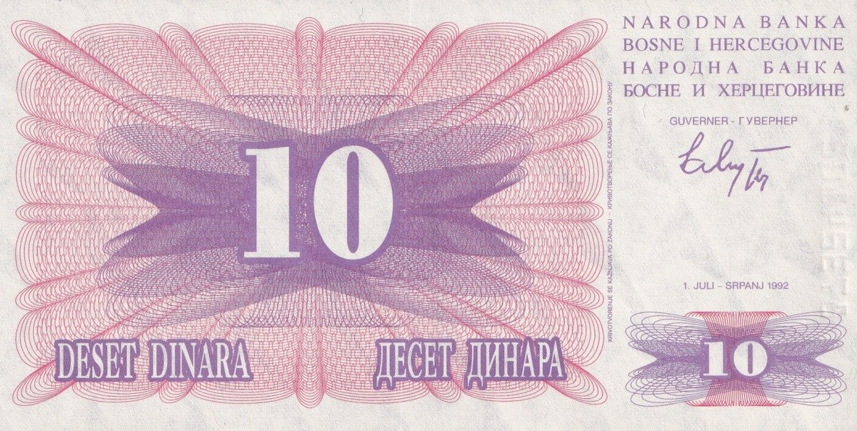 Bosnia & Herzegovina 10 Dinara 1992 P 10 UNC