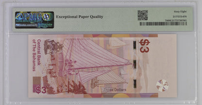 Bahamas Central Bank 3 Dollars 2019 P 78 UNC PMG 68 EPQ 3rd TOP POP
