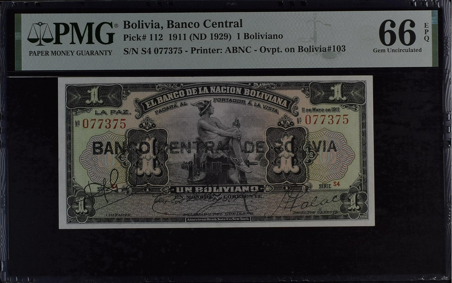 Bolivia 1 Boliviano 1911 (ND 1929) P 112 UNC PMG 66 EPQ 2nd TOP POP