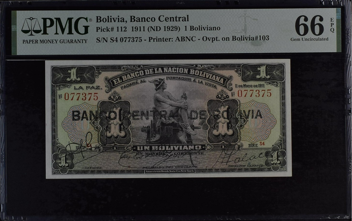 Bolivia 1 Boliviano 1911 (ND 1929) P 112 UNC PMG 66 EPQ 2nd TOP POP