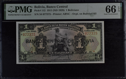 Bolivia 1 Boliviano 1911 (ND 1929) P 112 UNC PMG 66 EPQ 2nd TOP POP