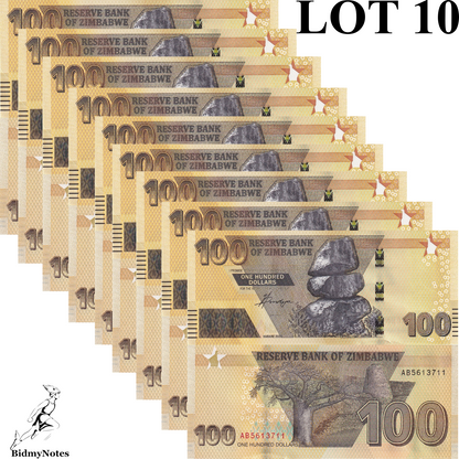 Zimbabwe 100 Dollars 2020 P 106 UNC 1/10 Bundle LOT 10 pcs