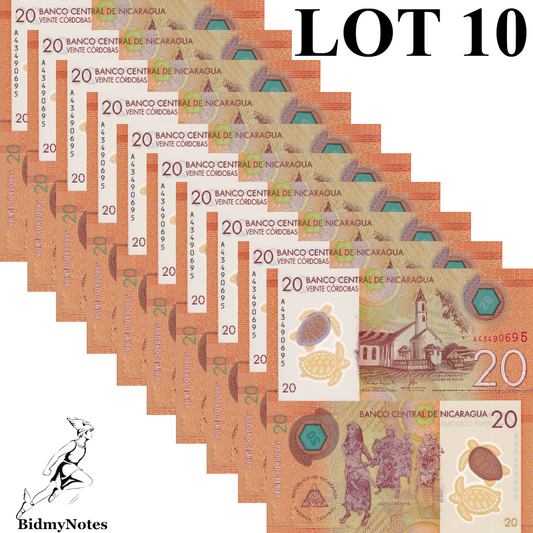 Nicaragua 20 Cordobas 2019 P 210 Polymer UNC 1/10 Bundle LOT 10 pcs