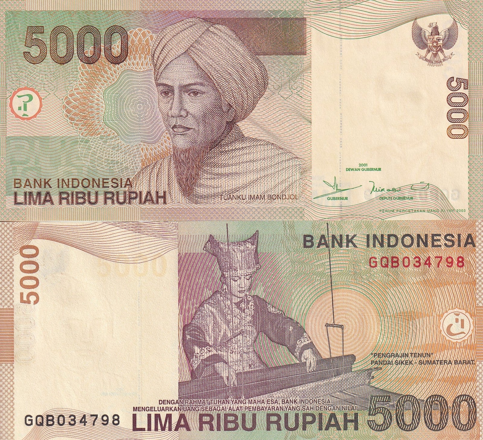 Indonesia 5000 Rupiah 2001/2003 P 142 UNC 1/20 Bundle Lot 5 pcs