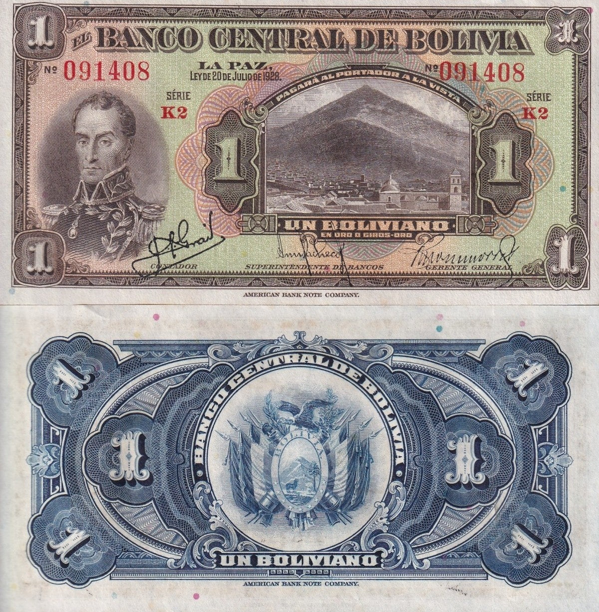 Bolivia 1 Boliviano 1928 P 118a(2) SERIE K2 UNC FOXING