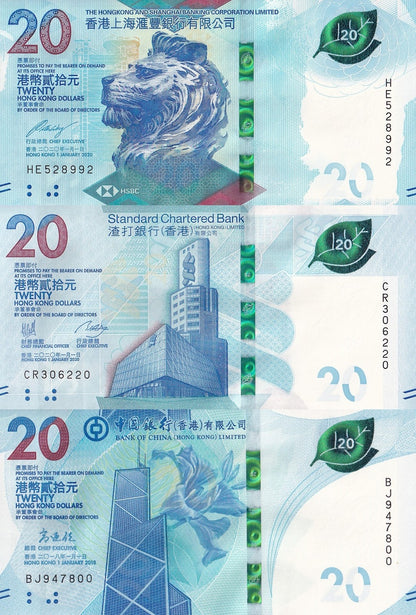 Hong Kong 20 Dollars 2018-2020 P 218 302 348 UNC HSBC SCB BOC Set 3 pcs