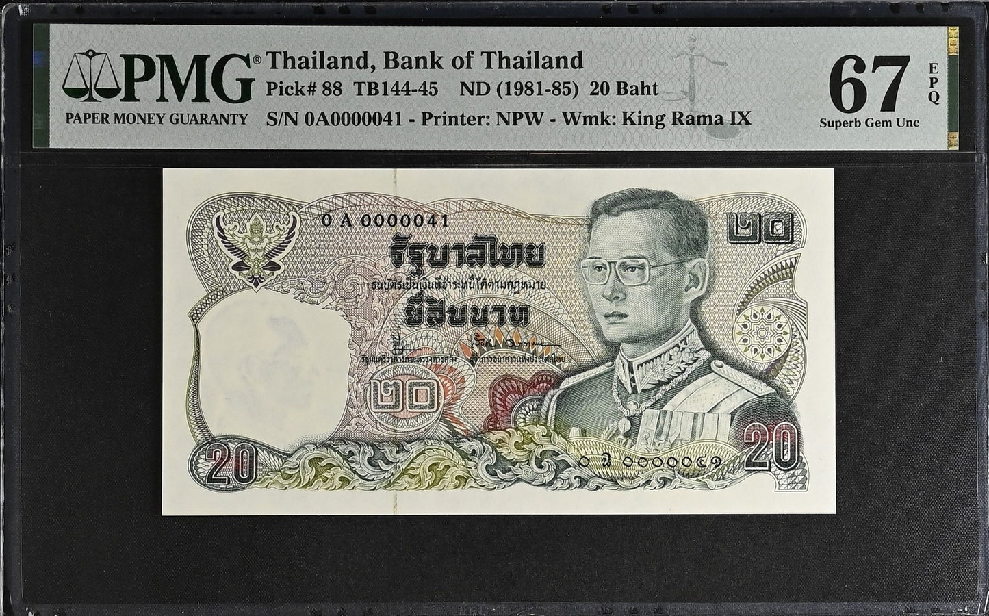 Thailand 20 Baht ND 1981-85 P 88 UNC PMG 67 EPQ 0A Prefix LOW S/N 41 3rd TOP POP