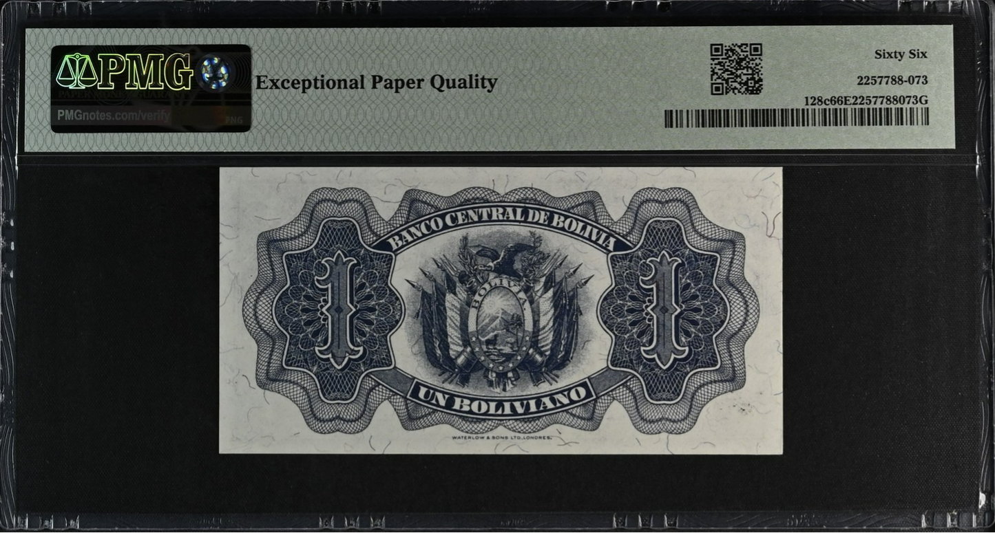 Bolivia Banco Central 1 Boliviano 1952 P 128c UNC PMG 66 EPQ 2nd TOP POP