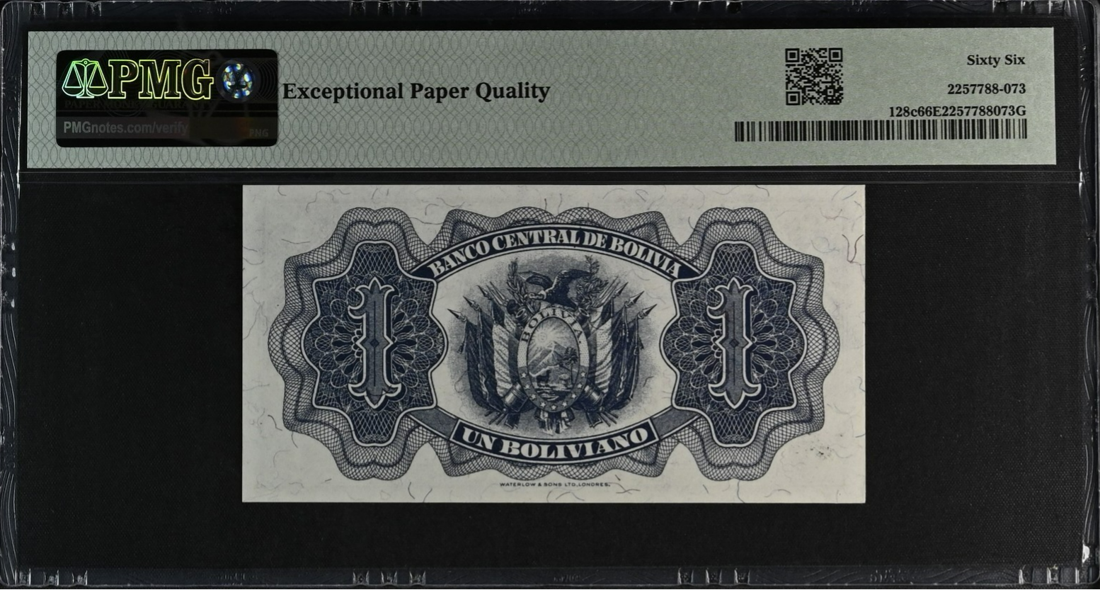 Bolivia Banco Central 1 Boliviano 1952 P 128c UNC PMG 66 EPQ 2nd TOP POP