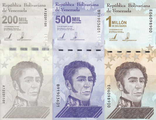 Venezuela 200000 500000 1 Million Bolivares 2020 P 112 113 114 UNC Set 3 pcs