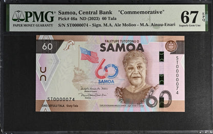 Samoa COMM. 60 Tala ND (2023) P 46a UNC PMG 67 EPQ LOW S/N 0000074 3rd TOP POP