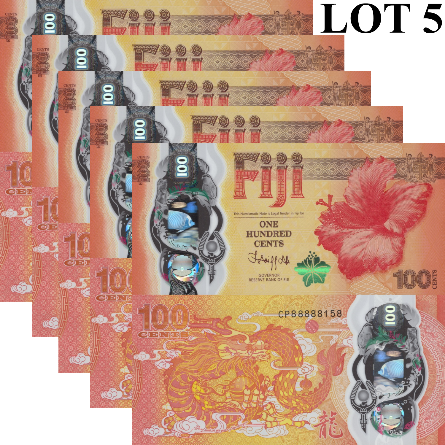 Fiji 100 Cents ND 2023 P 124 Polymer UNC COMM. Lot 5 p No. 88888XXX No. W/O 4/7
