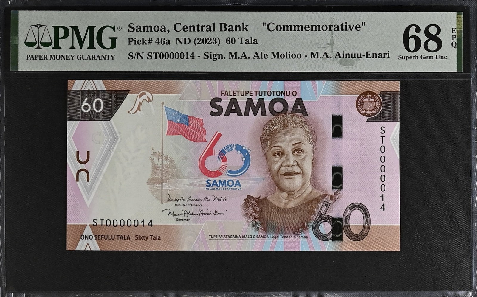 Samoa COMM. 60 Tala ND (2023) P 46a UNC PMG 68 EPQ LOW S/N 0000014 2nd TOP POP