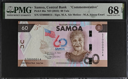 Samoa COMM. 60 Tala ND (2023) P 46a UNC PMG 68 EPQ LOW S/N 0000014 2nd TOP POP