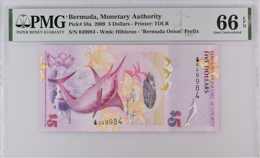 Bermuda Monetary Authority 5 Dollars 2009 P 58a UNC PMG 66 EPQ Onion Prefix
