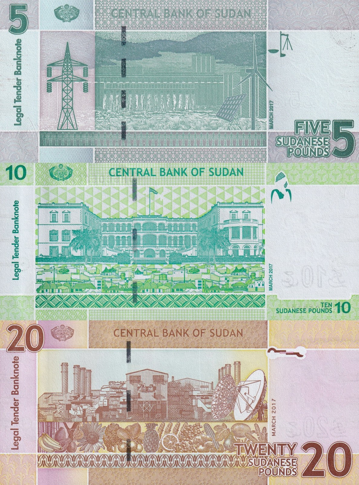 Sudan 5 10 20 Sudanese Pounds 2017 P 72d 73c 74d(2) UNC Set 3 pcs