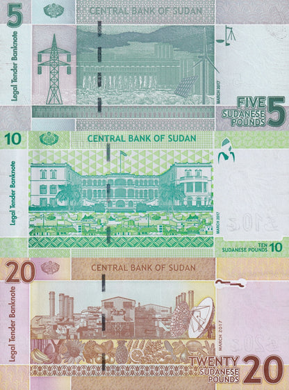 Sudan 5 10 20 Sudanese Pounds 2017 P 72d 73c 74d(2) UNC Set 3 pcs