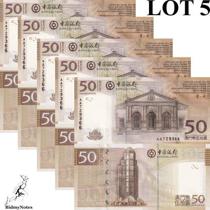 Macau Macao 50 Patacas 2008 P 110a UNC BOC AA First prefix 1/20 Bundle LOT 5 pcs