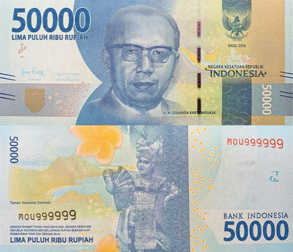Indonesia 50000 Rupiah 2016/2020 P 159 UNC Fancy SOLID 9 - 999999