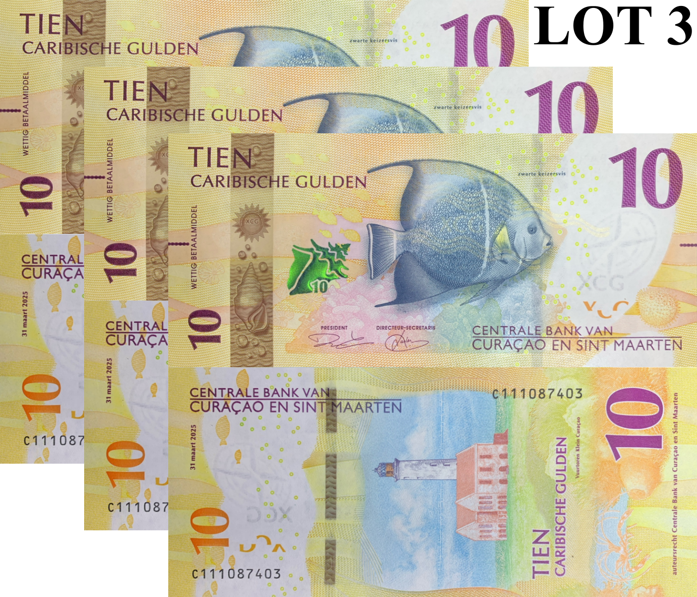 Curacao & Sint Maarten 10 Caribische Gulden 2025 P New UNC LOT 3 pcs