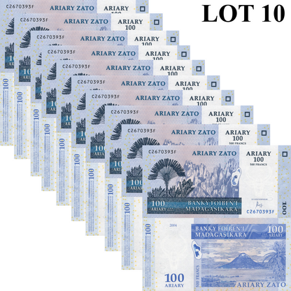 Madagascar 100 Ariary=500 Francs 2004 P 86 UNC 1/10 Bundle Lot 10 pcs