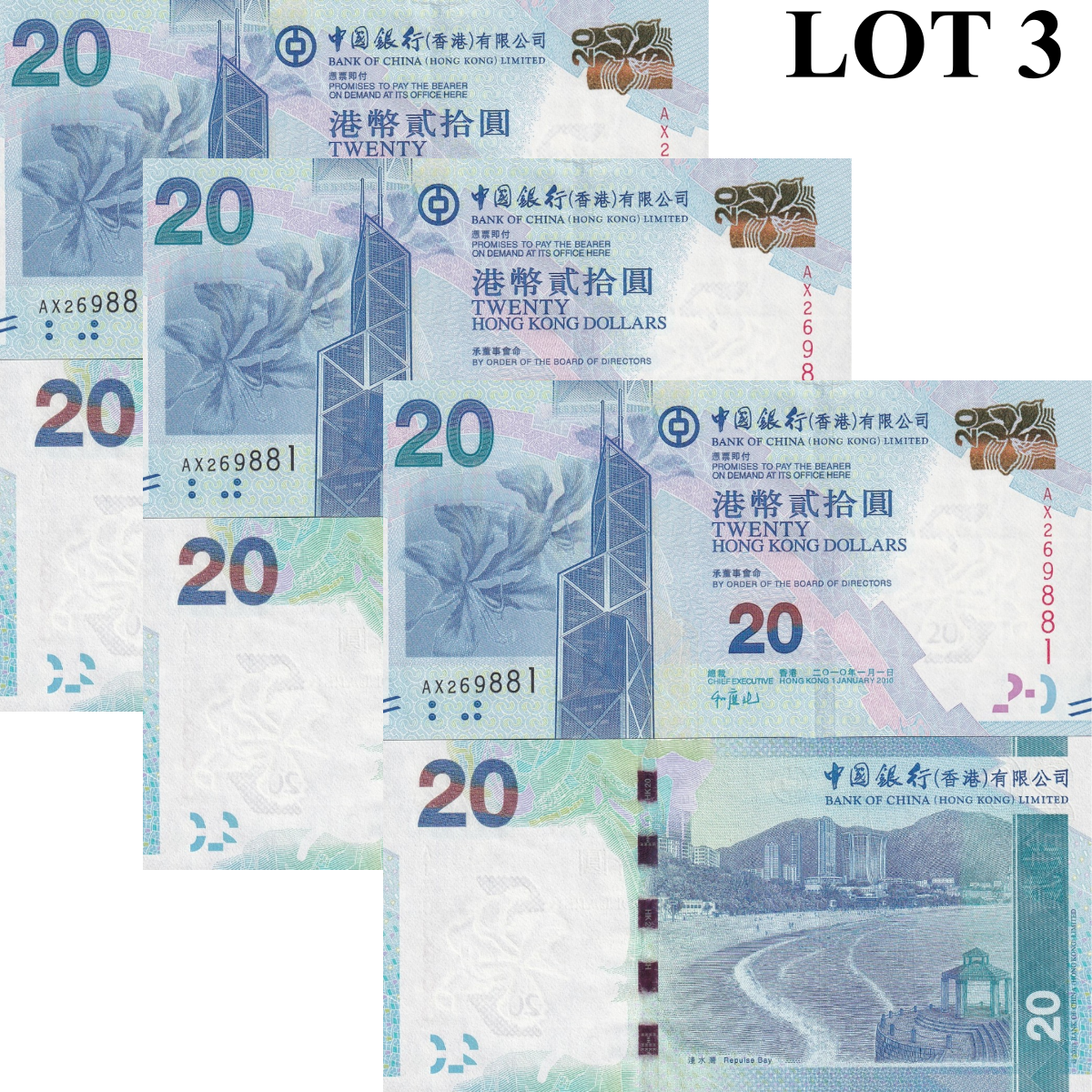 Hong Kong 20 Dollars 2010 P 341a UNC BOC Lot 3 pcs