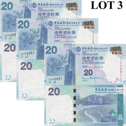 Hong Kong 20 Dollars 2010 P 341a UNC BOC Lot 3 pcs