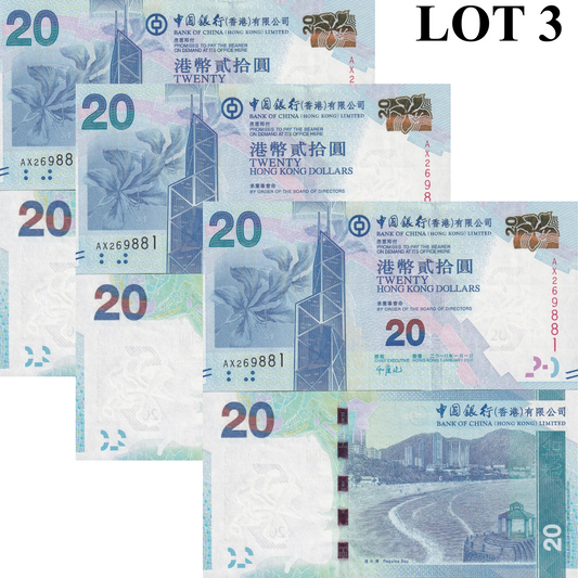 Hong Kong 20 Dollars 2010 P 341a UNC BOC Lot 3 pcs