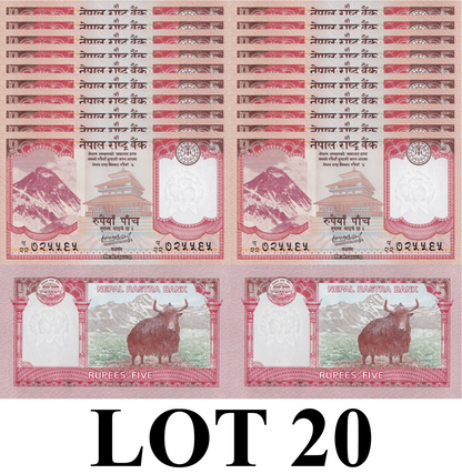 Nepal 5 Rupees 2024/2025 P 76 UNC 1/5 Bundle Lot 20 pcs