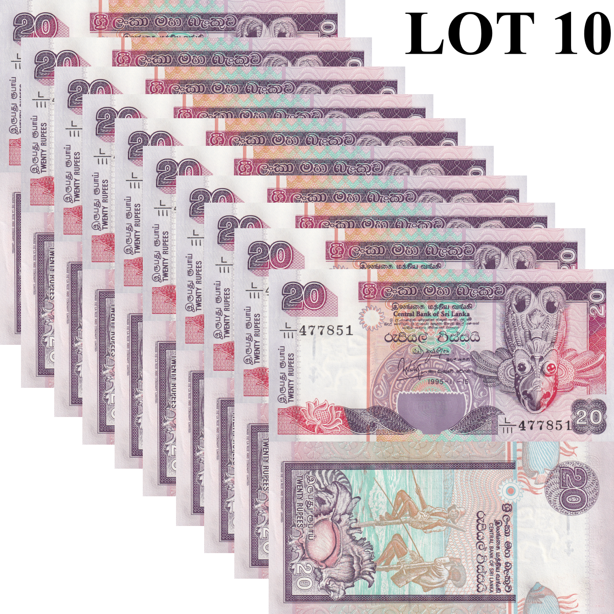 Sri Lanka 20 Rupees 1995 P 109 UNC 1/10 Bundle Lot 10 pcs