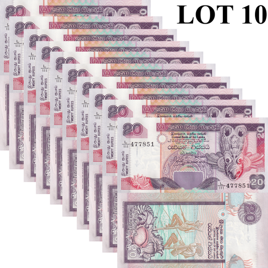 Sri Lanka 20 Rupees 1995 P 109 UNC 1/10 Bundle Lot 10 pcs